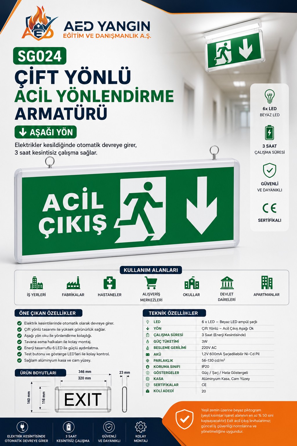 SG024 Çift Yönlü Acil Yönlendirme Armatürü (Aşağı Yön)